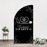 Lofaris Black Silver Glitter RN Graduation Party Half Moon Arch Backdrop